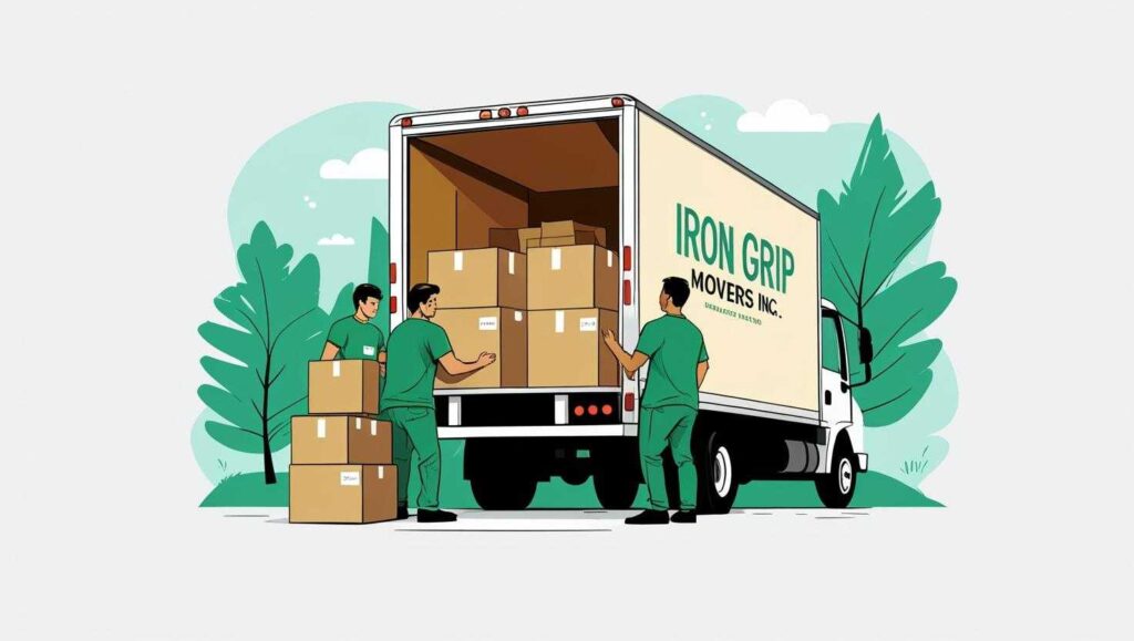 Illustration of the Iron Grip Movers Inc. crew in green uniforms loading cardboard boxes into their professional moving truck.