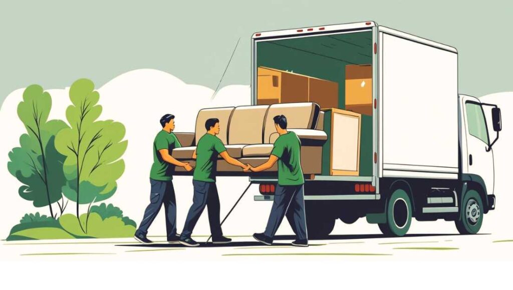 Illustration of a moving team in green uniforms working together to carry a large sofa up a ramp into a moving truck.