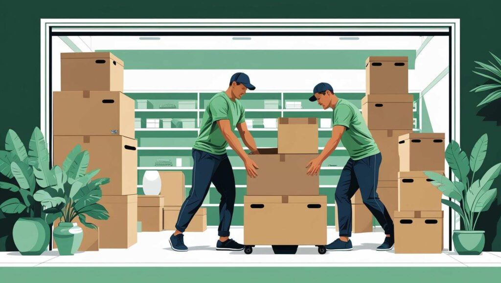 Illustration: Two movers in matching green uniforms collaboratively placing a cardboard box onto a dolly in a storage facility.